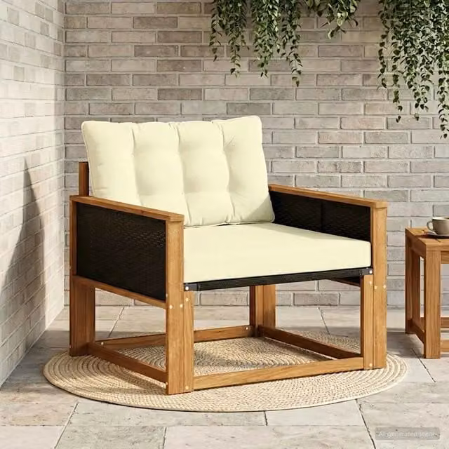 Set di divani da esterno moderni in legno di acacia massello e textilene beige con cuscini inclusi