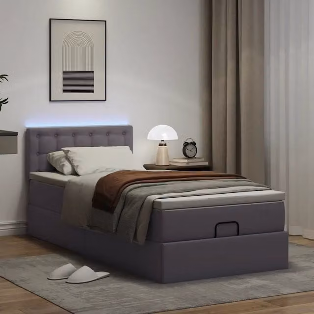 Letto con contenitore a sollevamento e pouf vidaXL in similpelle grigio e bianco, dotato di illuminazione sottostante e porte di ricarica USB, L/P/H: 200 x 90 x 88 cm