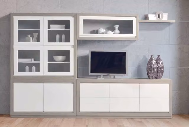 Parete attrezzata moderna Mobili 2G in frassino seta poro aperto bianco L: 296 cm, P: 37 cm, H: 191,5 cm