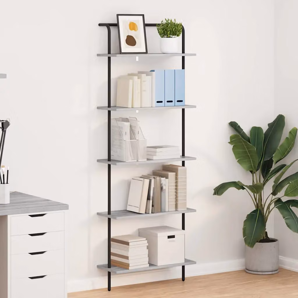 Libreria moderna vidaXL a 5 livelli in MDF e metallo, L: 60 cm, P: 24 cm, H: 168 cm, Grigio e Nero