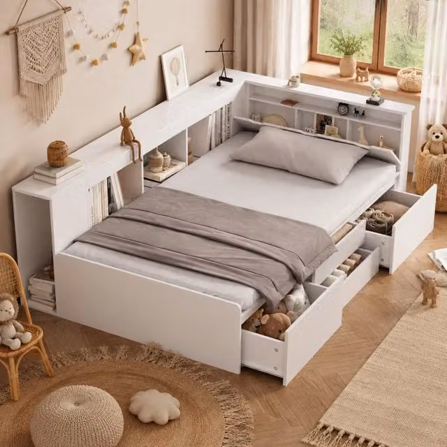 Letto singolo 90x200 cm bianco in MDF con 4 cassetti laterali, senza materasso