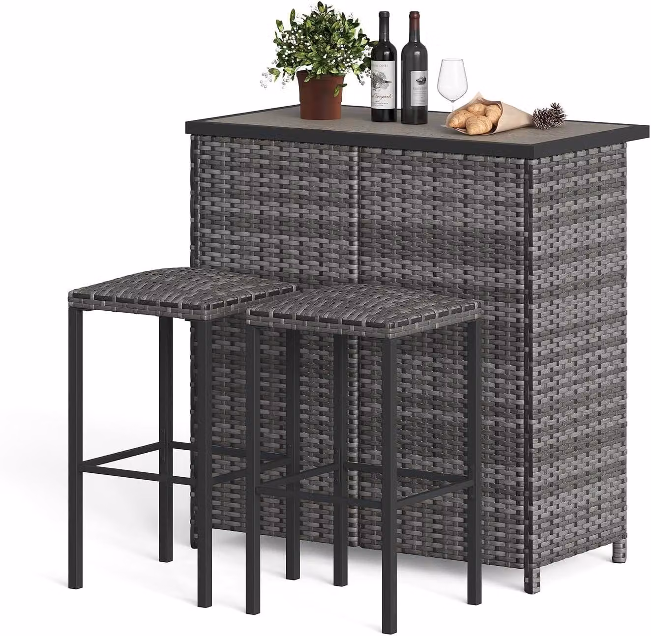 Set da bar per esterno in rattan sintetico, composto da: tavolino bar + 2 sgabelli, ideale per balconi e terrazzi