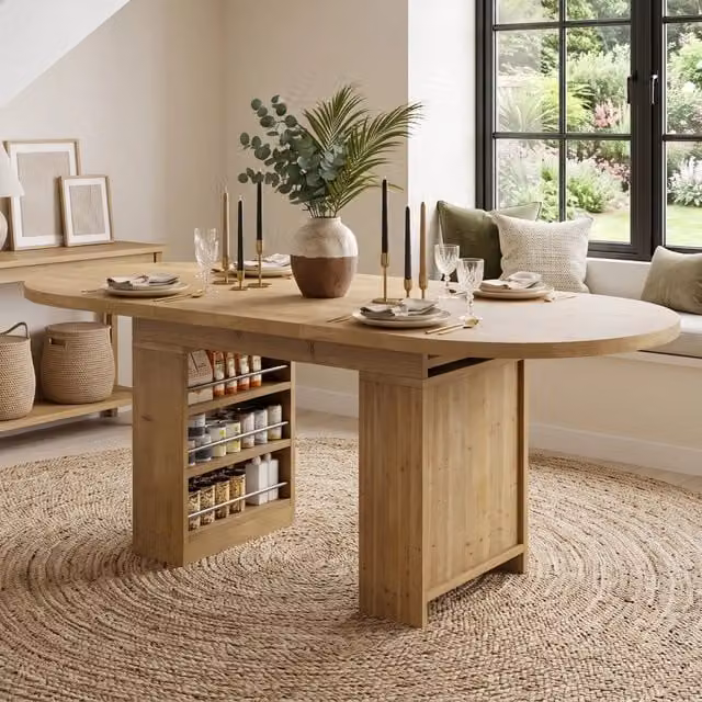 Tavolo da pranzo ovale allungabile 150-200x90 cm per 6-8 persone; piano 2;4 cm con vani portaoggetti; MDF effetto rovere