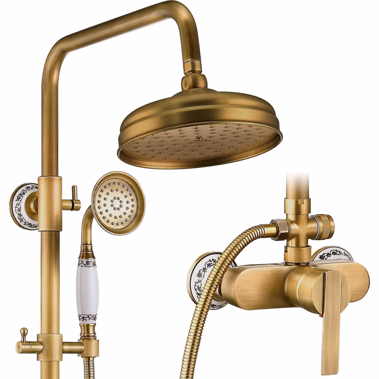 Sistema doccia, miscelatore per doccia, finitura ottone anticato, colore oro vintage, soffione da 20 cm