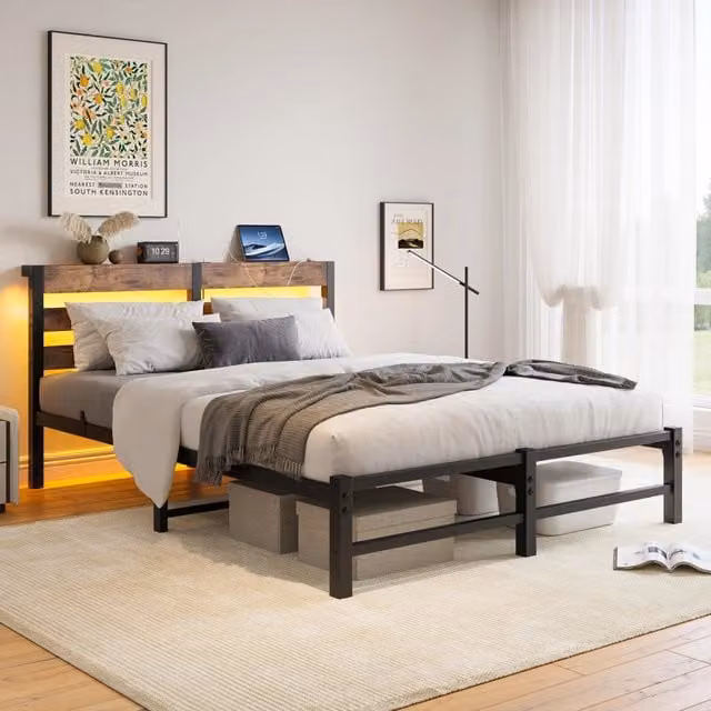 Desviae Struttura letto 140 × 200 cm con LED RGB, 2 porte USB, ripiano testiera, metallo e legno, nero marrone