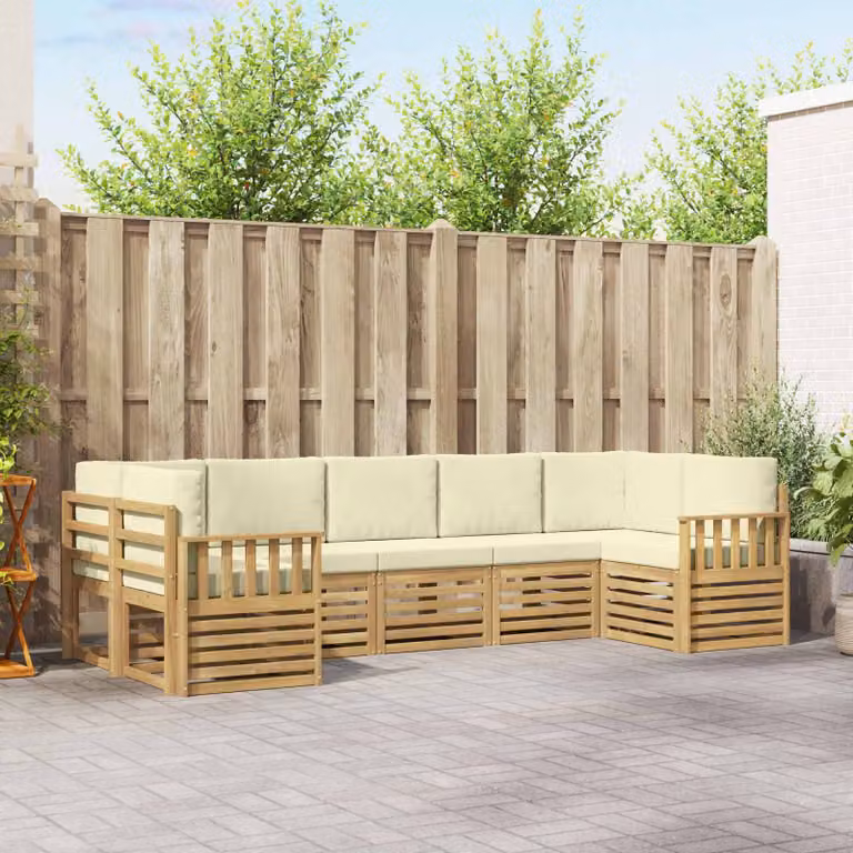 Set di divani da esterno vidaXL a forma di L composto da 6 pezzi in legno di acacia con cuscini bianchi e beige