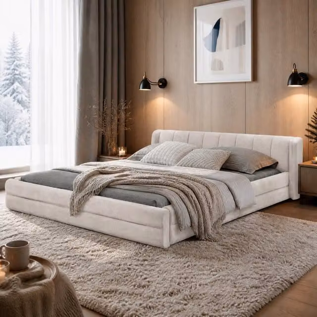 Letto matrimoniale 160x200 cm in chenille beige con testiera imbottita