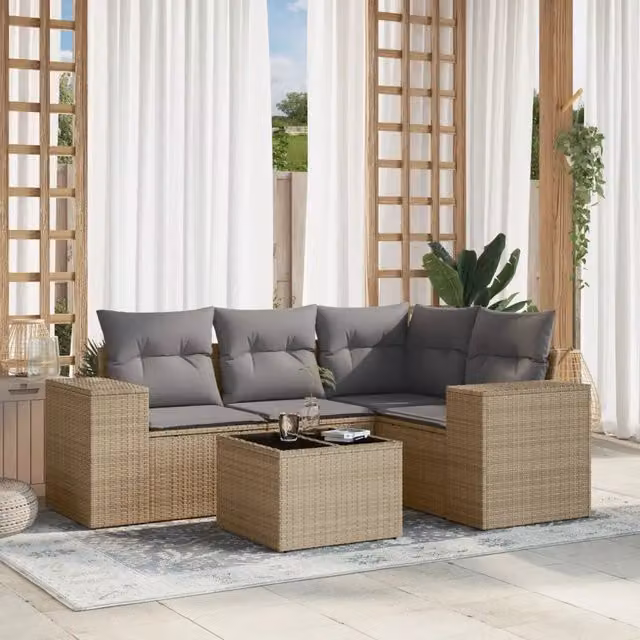 Set Divano da Giardino a L VIDAXL in Polyrattan Beige con Cuscini e Ottoman 5 Pezzi