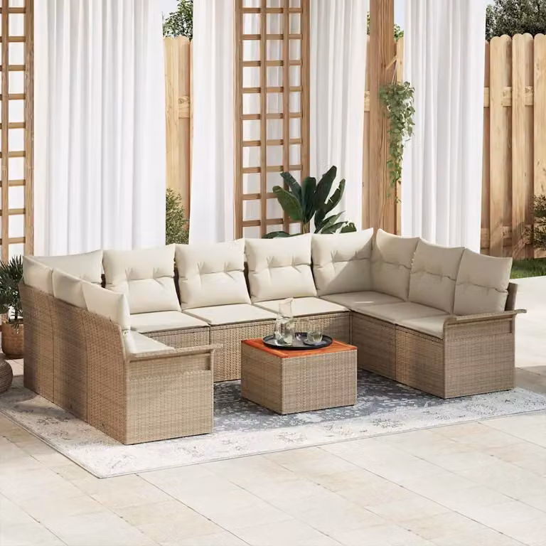 Set Divano da Giardino vidaXL 10 Pezzi in Polyrattan Beige con Cuscini e Tavolino da Esterno