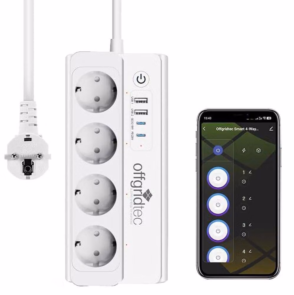 Presa intelligente a 4 vie Offgridtec + connessione 2x USB-A e 2x USB-C con Smart Life o app Tuya - Cavo da 1,5 m