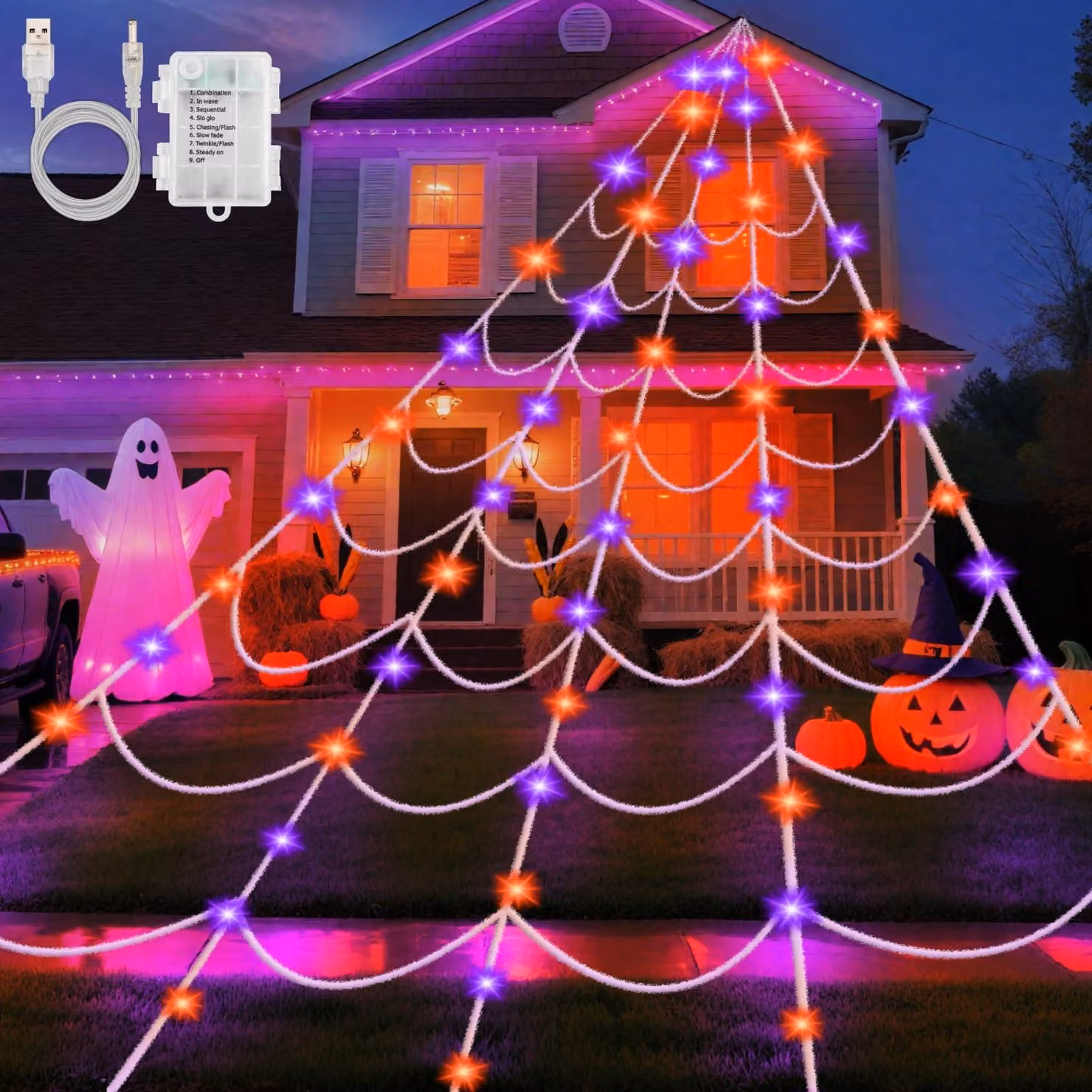 Catena luminosa a forma di ragnatela, 6x5 metri, 150 LED, colore arancione-viola, con timer, impermeabile