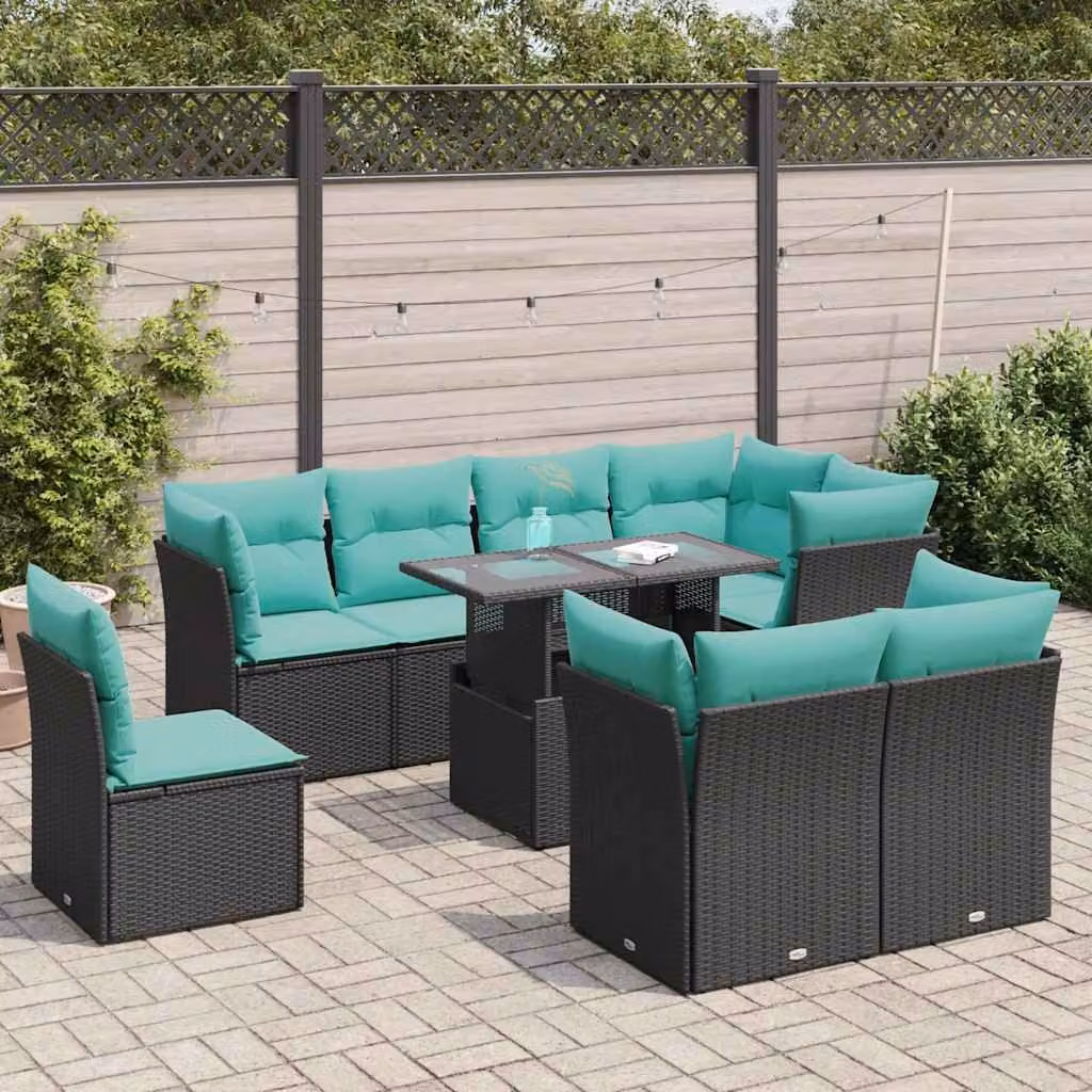 Set di divani da giardino vidaXL 9 pz in polyrattan nero con cuscini blu e tavolo da esterno in acacia