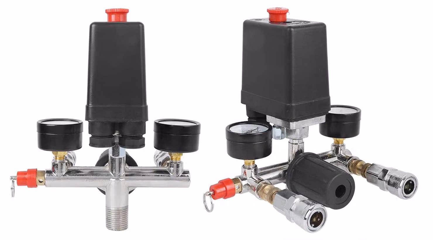 Componenti per compressori d'aria: Regolatore multifunzione per collettore - Supporto stabile per compressore d'aria - Doppio manometro - Materiale resistente - Prestazioni affidabili - Compressore d'aria