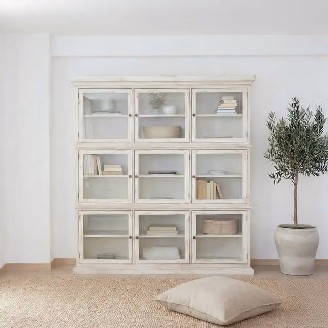 Vetrina Banak in legno massiccio di araucaria bianca con 9 ante in vetro per soggiorno e sala da pranzo H: 205 cm, L: 45 cm, P: 45 cm