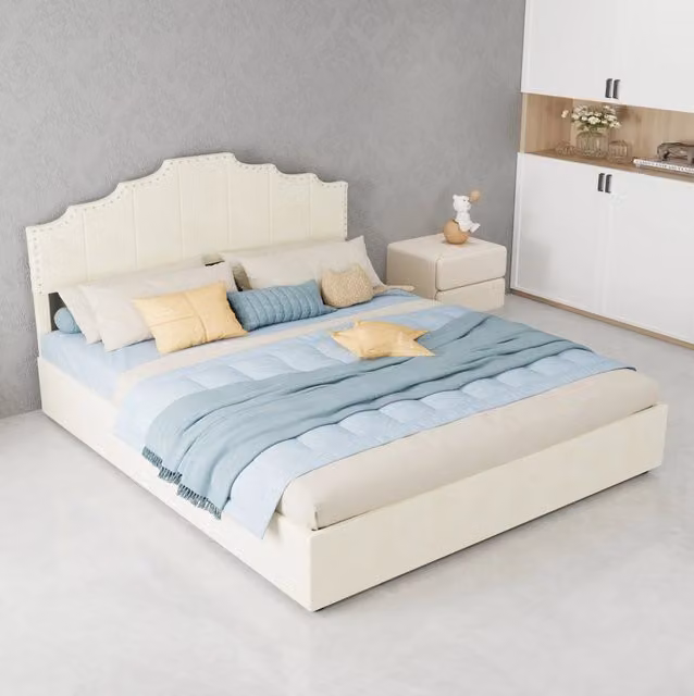 Letto contenitore 160x200 cm in tessuto e metallo beige, testiera imbottita -