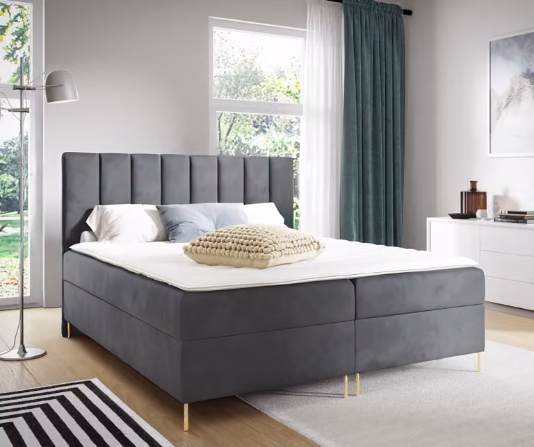 GUTTO Letto imbottito con testiera, 160x200 cm, grigio velluto, gambe dorate. Letto matrimoniale, letto per bambini, letto rivestito in velluto