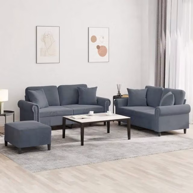 Set di 3 divani vidaXL in velluto grigio con cuscini per soggiorno in stile moderno – 1