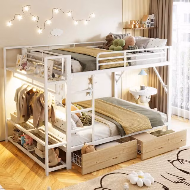 Letto a castello 140 × 200 cm, 2 cassetti, ripiani e illuminazione LED, senza materasso, in metallo, bianco