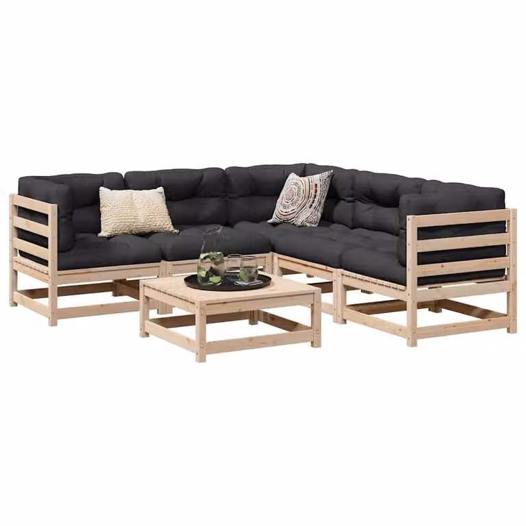 Set di divani da giardino vidaXL in legno di pino con cuscini, composizione a L con elementi angolari, divani a 2 posti e pouf, colore marrone e grigio