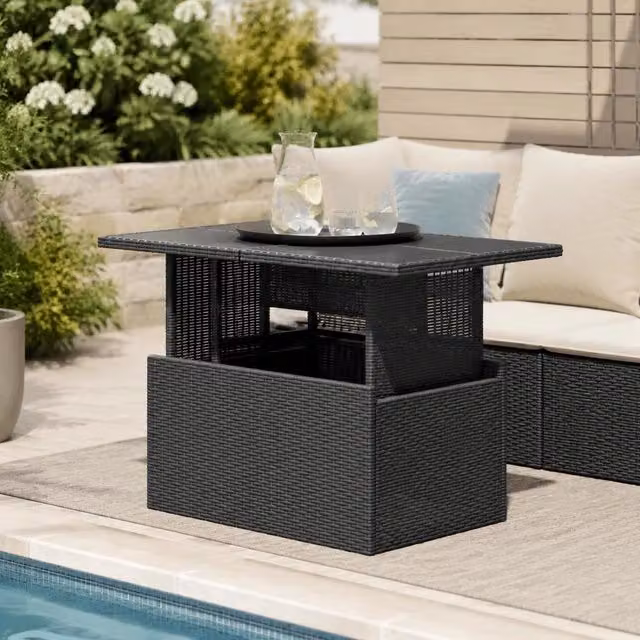 Garden Table With Glass Top, Black, 100x55x73 Cm, Poly Rattan