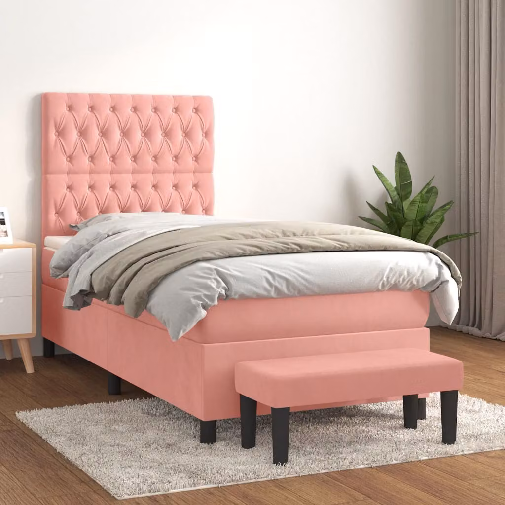 vidaXL Giroletto a Molle con Materasso Ibrido in Velluto Rosa e Bianco L/P/H: 190 x 90 x 128 cm – 1