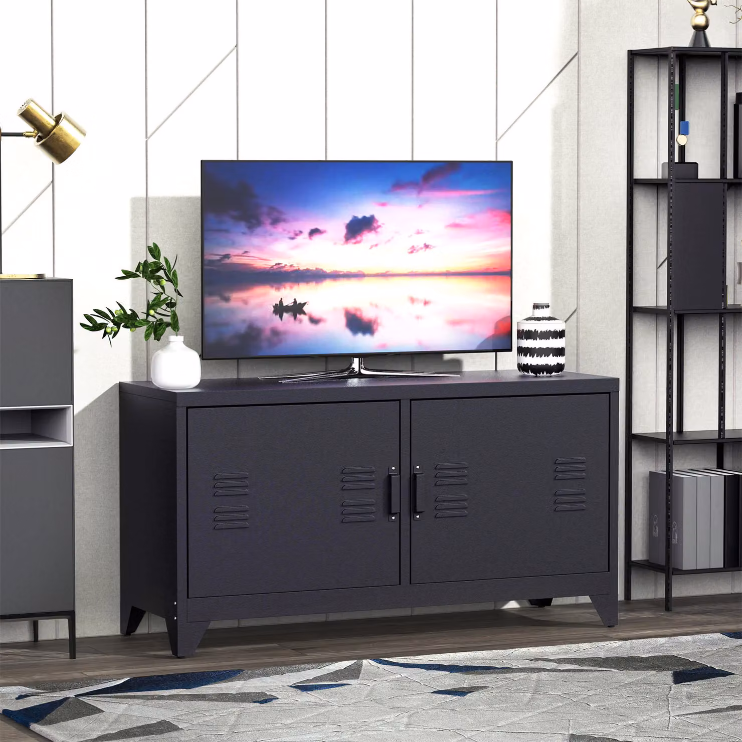 Mobile TV HOMCOM in stile industriale con struttura in acciaio nero, 2 armadi e 2 ripiani regolabili con passacavi – 2
