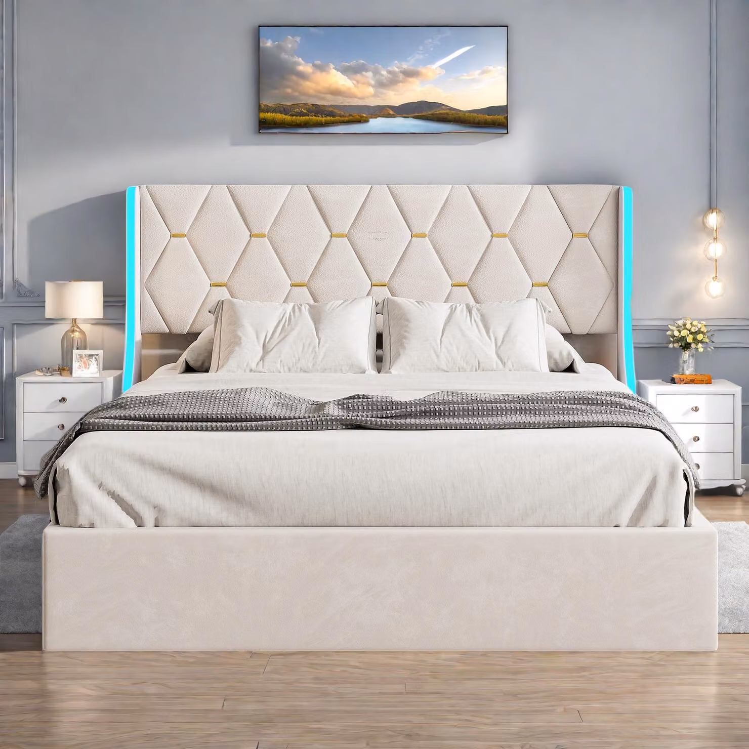 Letto matrimoniale con contenitore, letto matrimoniale con cassettone per adulti, con testiera in tessuto vellutato a LED, 160x200 cm