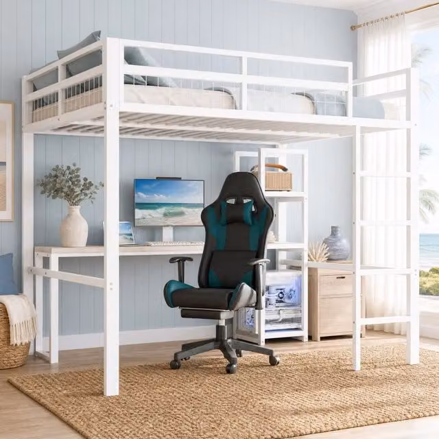 Letto a soppalco Mivray bianco con scrivania, scaffali e porte di ricarica USB e Type-C, L/P: 140 x 200 cm
