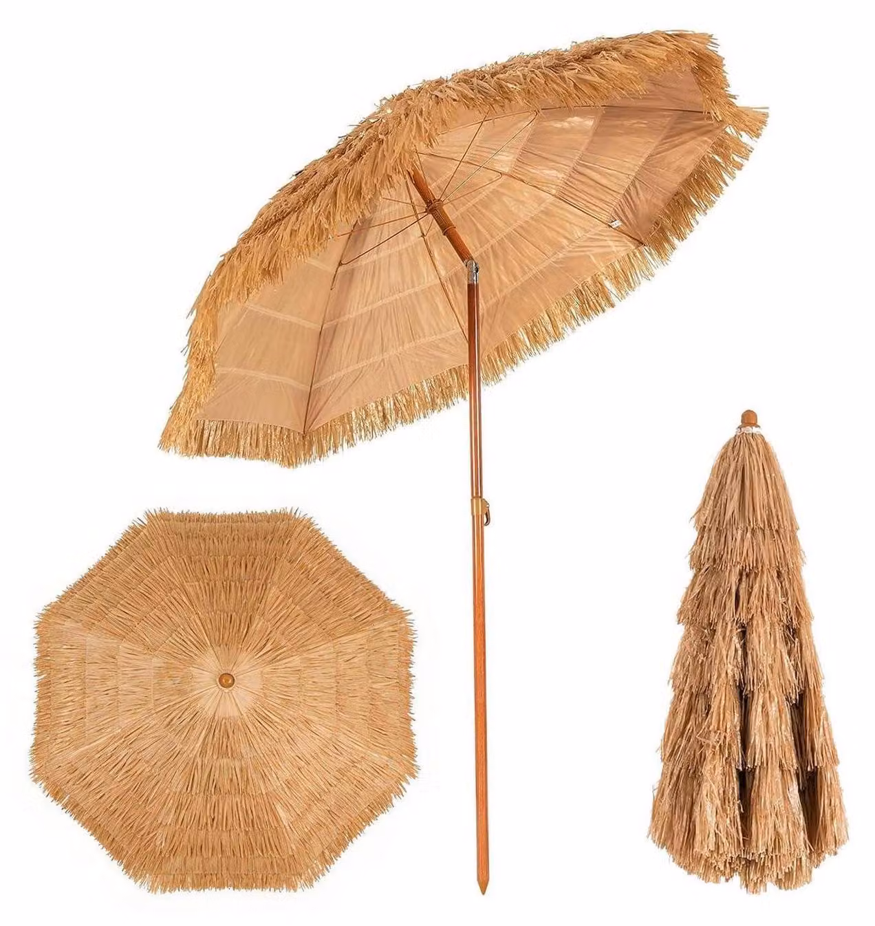 Ombrellone pieghevole, diametro 175 cm, materiale: paglia di PP, 8 stecche, colore naturale