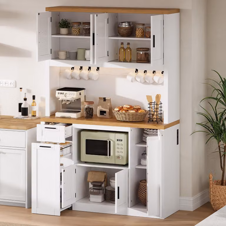 MODFU, mobiletto buffet/dispensa per cucina, armadietto alto da 182 cm, mobiletto contenitore con LED e prese di corrente, colore bianco