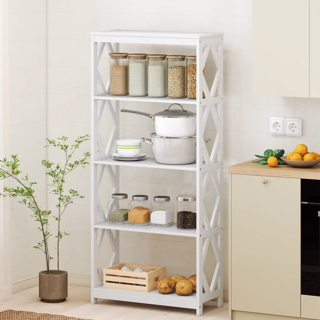Libreria moderna Design Mania con 5 ripiani geometrici in legno e MDF, colore bianco opaco, autoportante per soggiorno, ufficio o camera da letto, H: 155 cm, L: 70 cm, P: 30 cm – 2