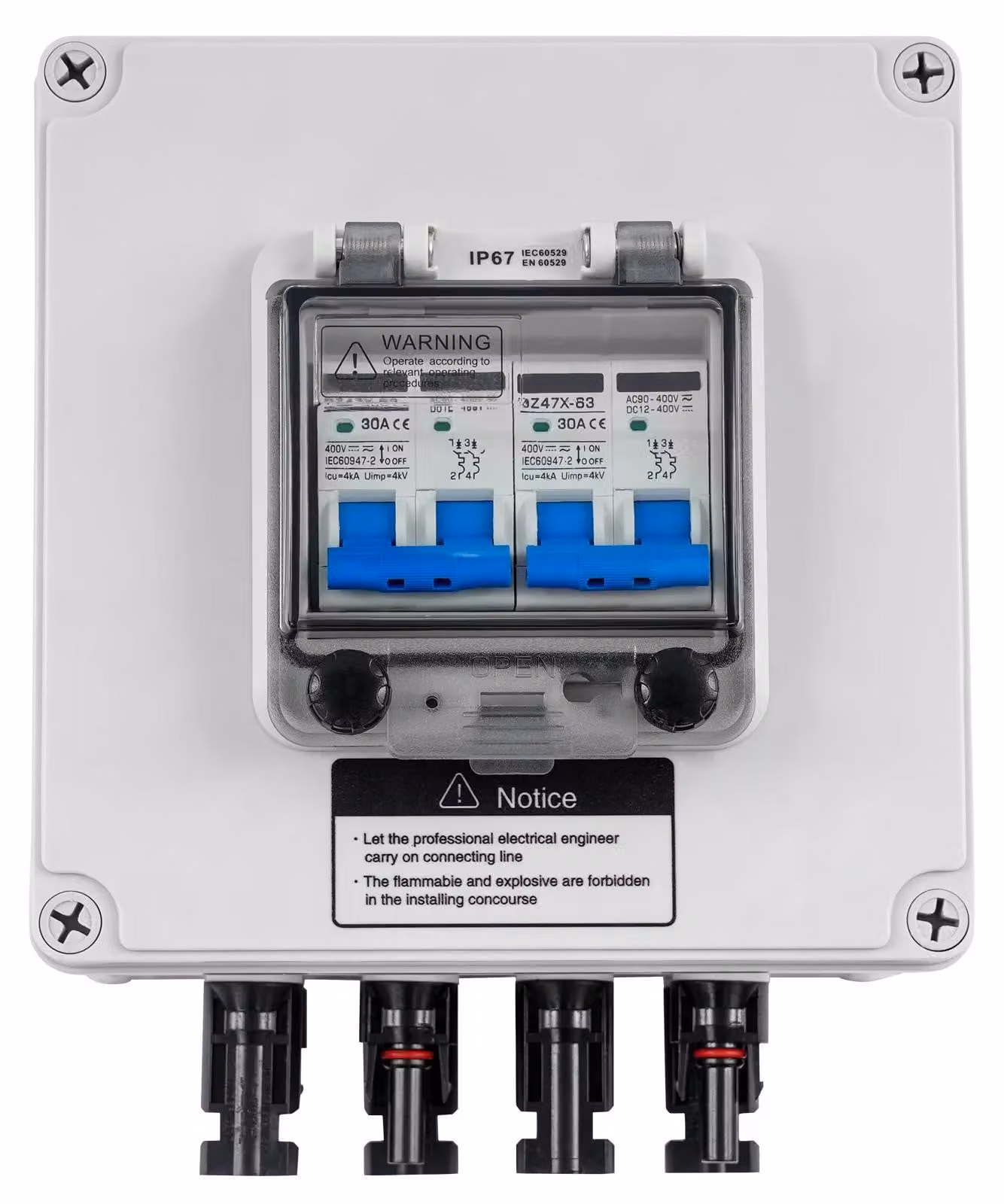 Solarkombibox - Scatola di combinazione per impianti fotovoltaici, 30A - 2 ingressi, 2 uscite - Adatta per inverter - Per pannelli solari esterni - Plastica PC - Bianco