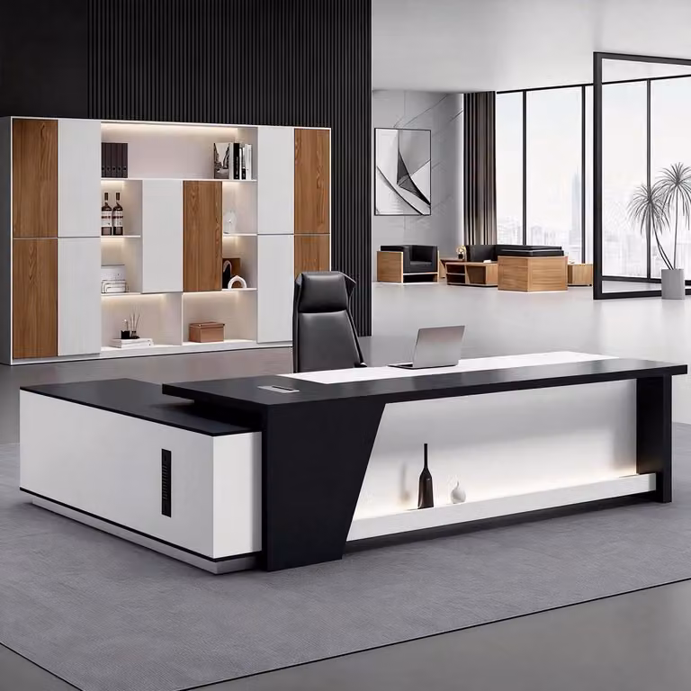 Scrivania a forma di L con spazio contenitore, colore nero e bianco, dimensioni 150x60x75 cm
