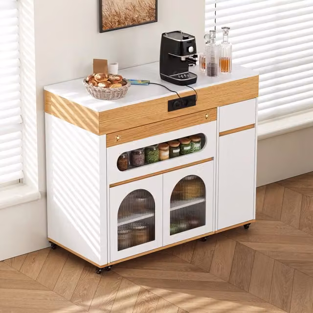 Tavolo da pranzo estensibile con prese integrate in MDF bianco e naturale