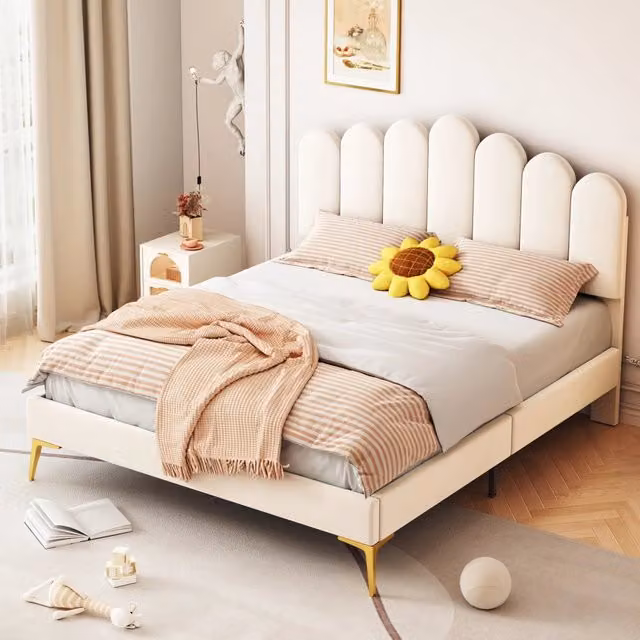 Letto imbottito matrimoniale 140 × 200 cm, testiera regolabile, 12 doghe, senza materasso, velluto beige