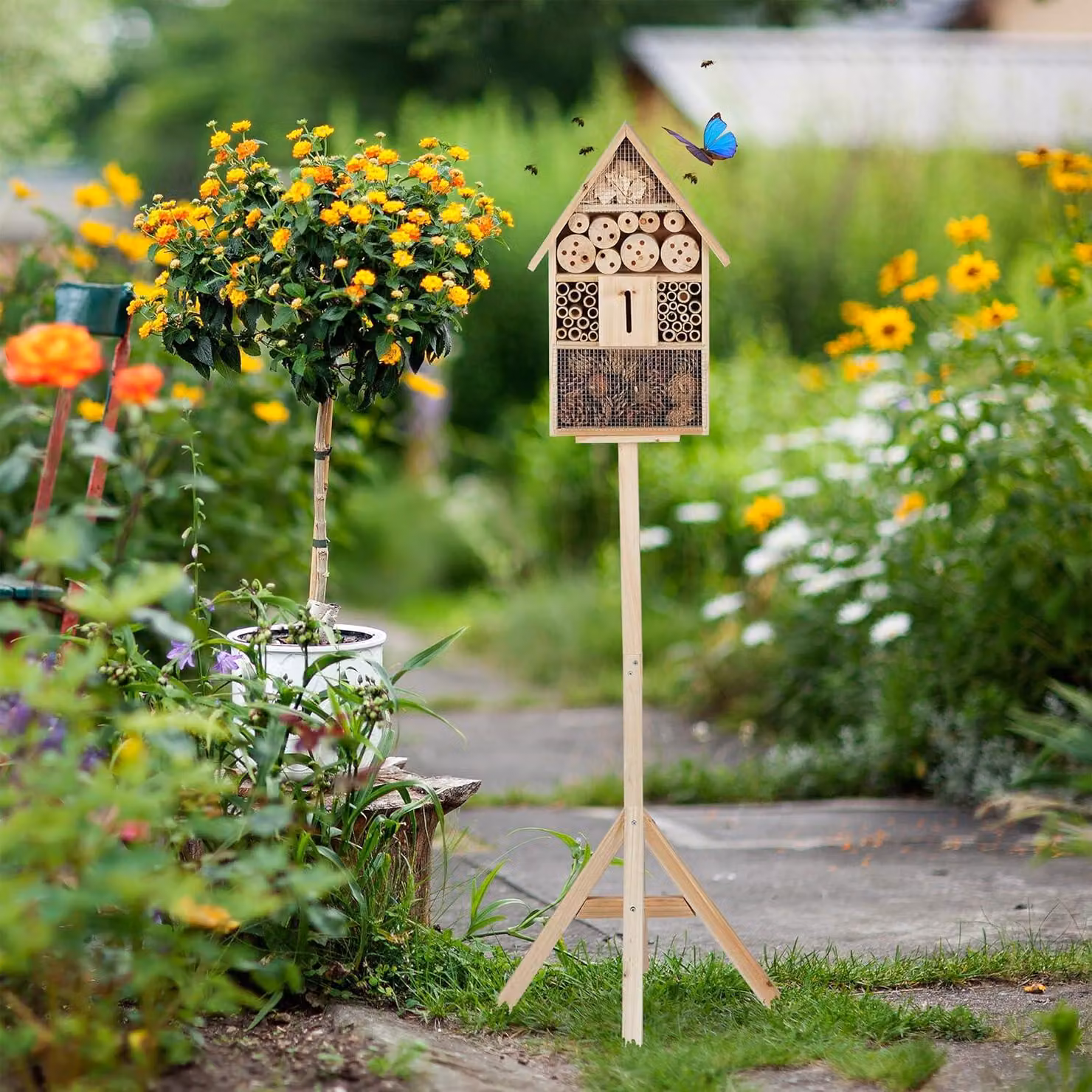 Hotel per insetti su supporto standard per nidi - Hotel per api selvatiche da giardino in legno - 140x47x47cm natura