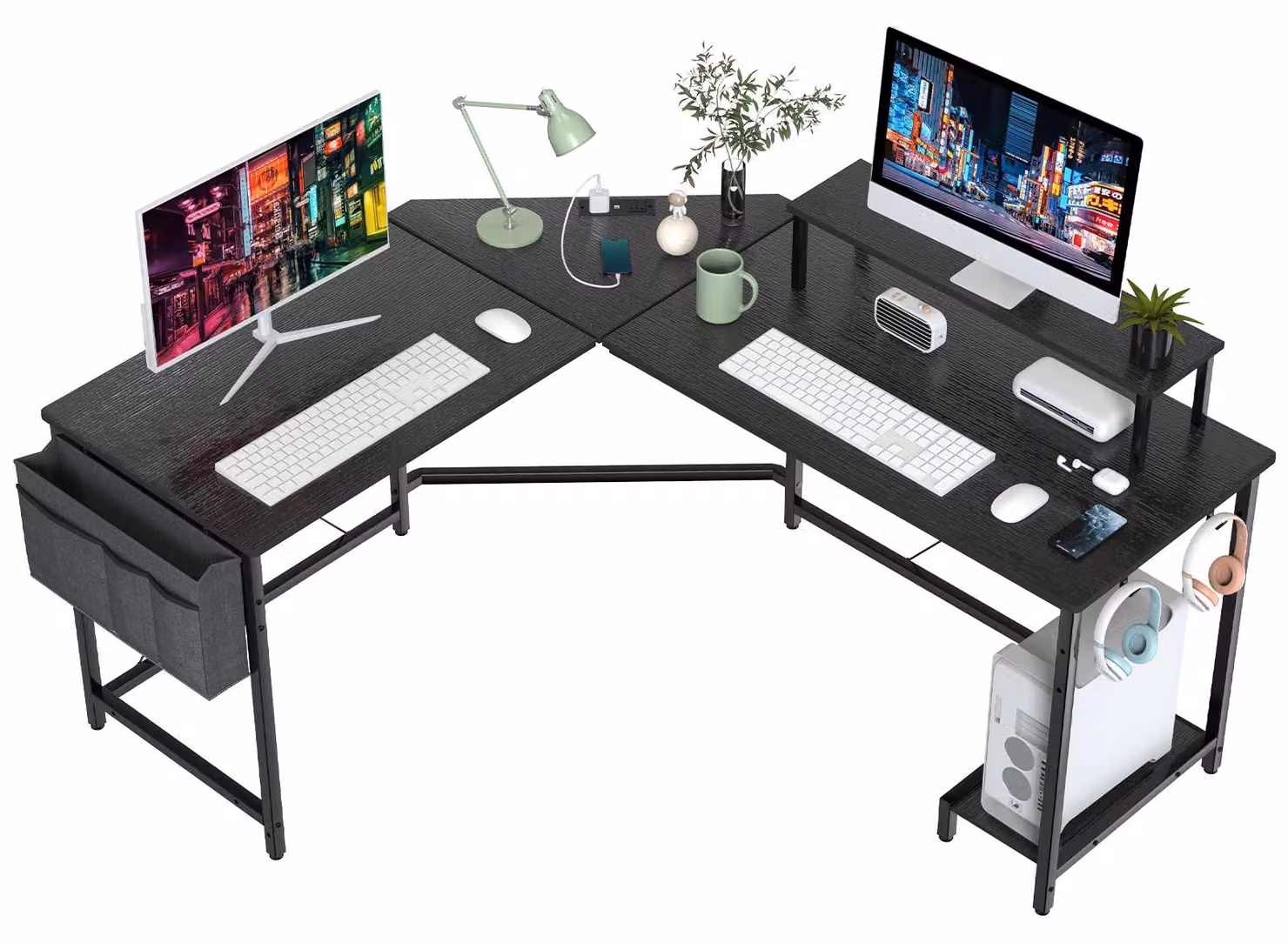 Scrivania da gaming a forma di L - Scrivania per computer - 160/135x55x74 cm - Con ripiani e spazio contenitivo - Design reversibile - Struttura in legno - Colore nero