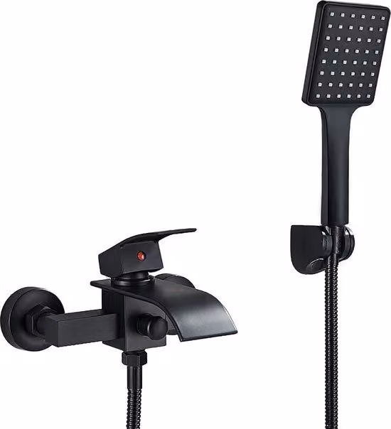 Miscelatore monocomando per lavabo Famanu Badarmatur, finitura nera opaca, con erogatore a cascata e doccetta manuale ABS – funzionamento con una sola mano