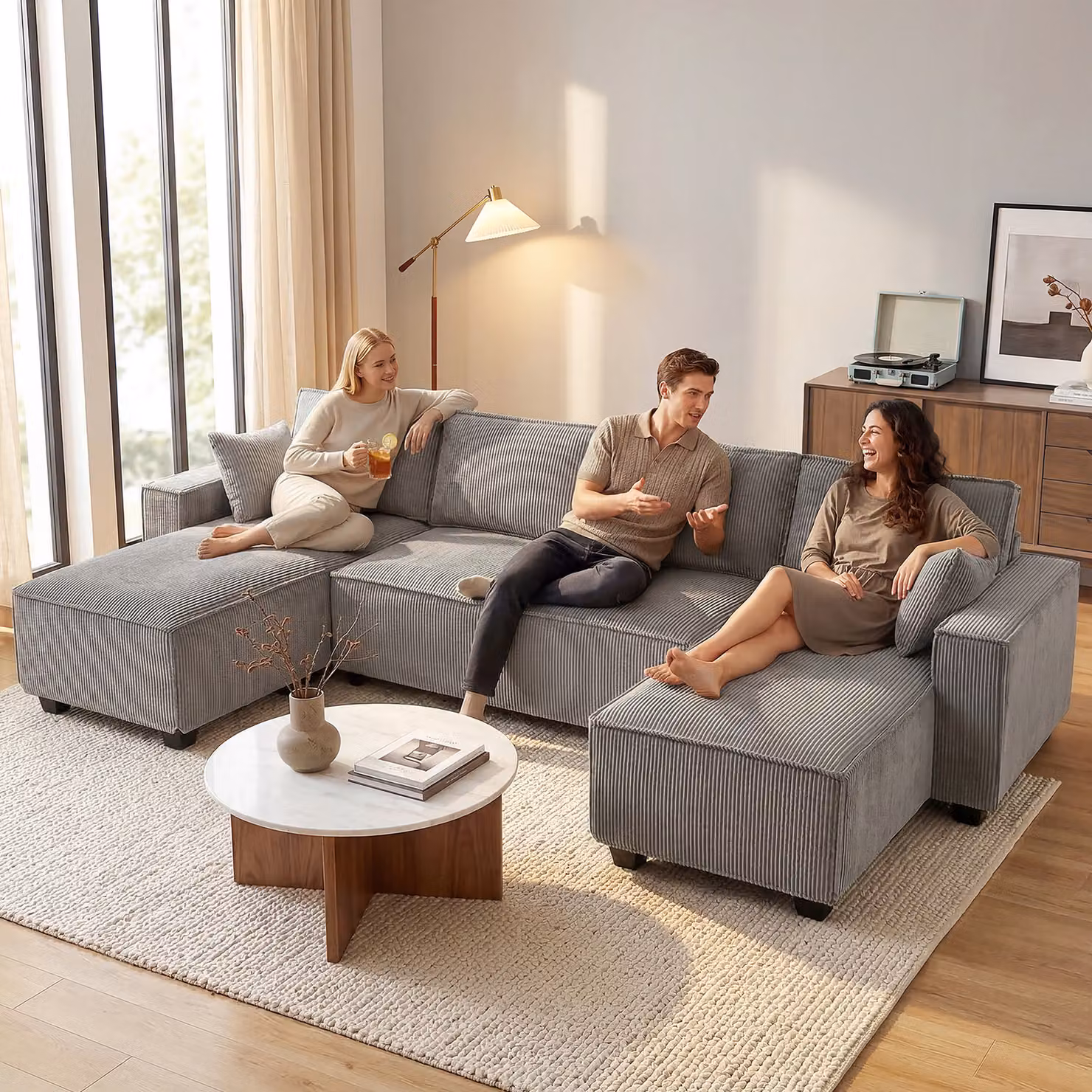 Divano Angolare a U HOMCOM con Doppia Chaise Longue, Rivestimento in Tessuto a Coste e Cuscini a Molle, Grigio Chiaro – 2