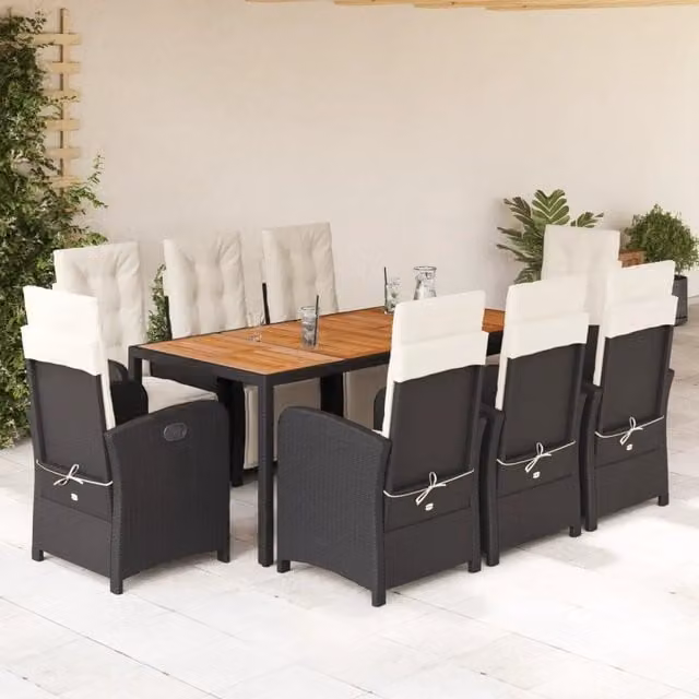 Set da pranzo da giardino vidaXL in polyrattan nero e bianco con cuscini e tavolo in legno di acacia