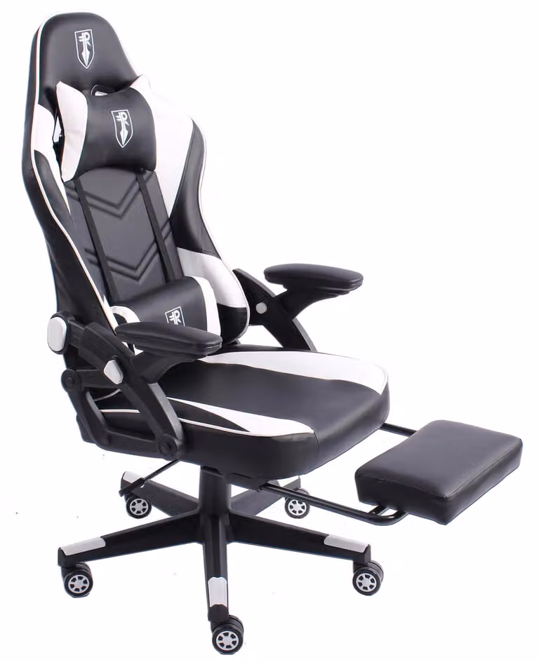 Sedia da gaming dal design moderno ispirato alle auto da corsa, con poggiapiedi estensibile. Sedia da gaming con braccioli regolabili, sedia ergonomica da scrivania con cuscini di supporto extra. Colore: nero/bianco
