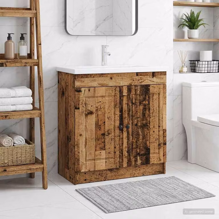 Mobiletto da bagno sotto il lavello vidaXL in legno antico marrone con ante a battente e ripiani interni, L/P/H: 81,0 x 37,5 x 56,0 cm