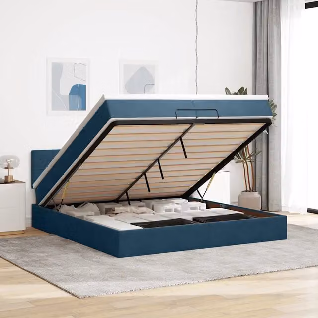 Letto con contenitore a sollevamento e materasso in velluto blu e bianco vidaXL L: 200 cm, P: 200 cm, H: 88 cm