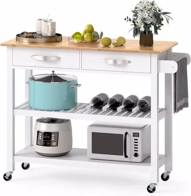 Carrello portautensili con piano in legno e 2 ripiani aperti, Isola da cucina rustica bianca con ruote L/P/H: 106 x 43 x 3 cm – 1