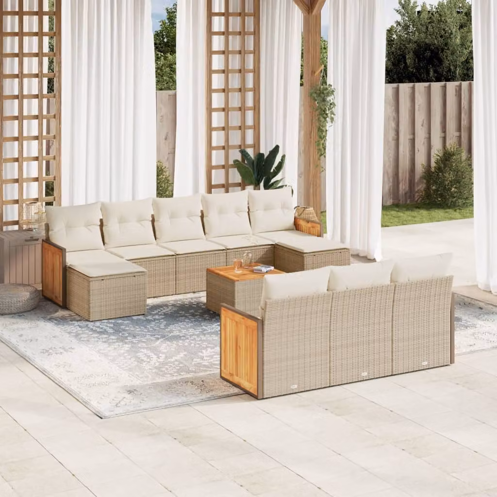 Set di divani da giardino vidaXL in polyrattan beige con 11 pezzi e cuscini inclusi
