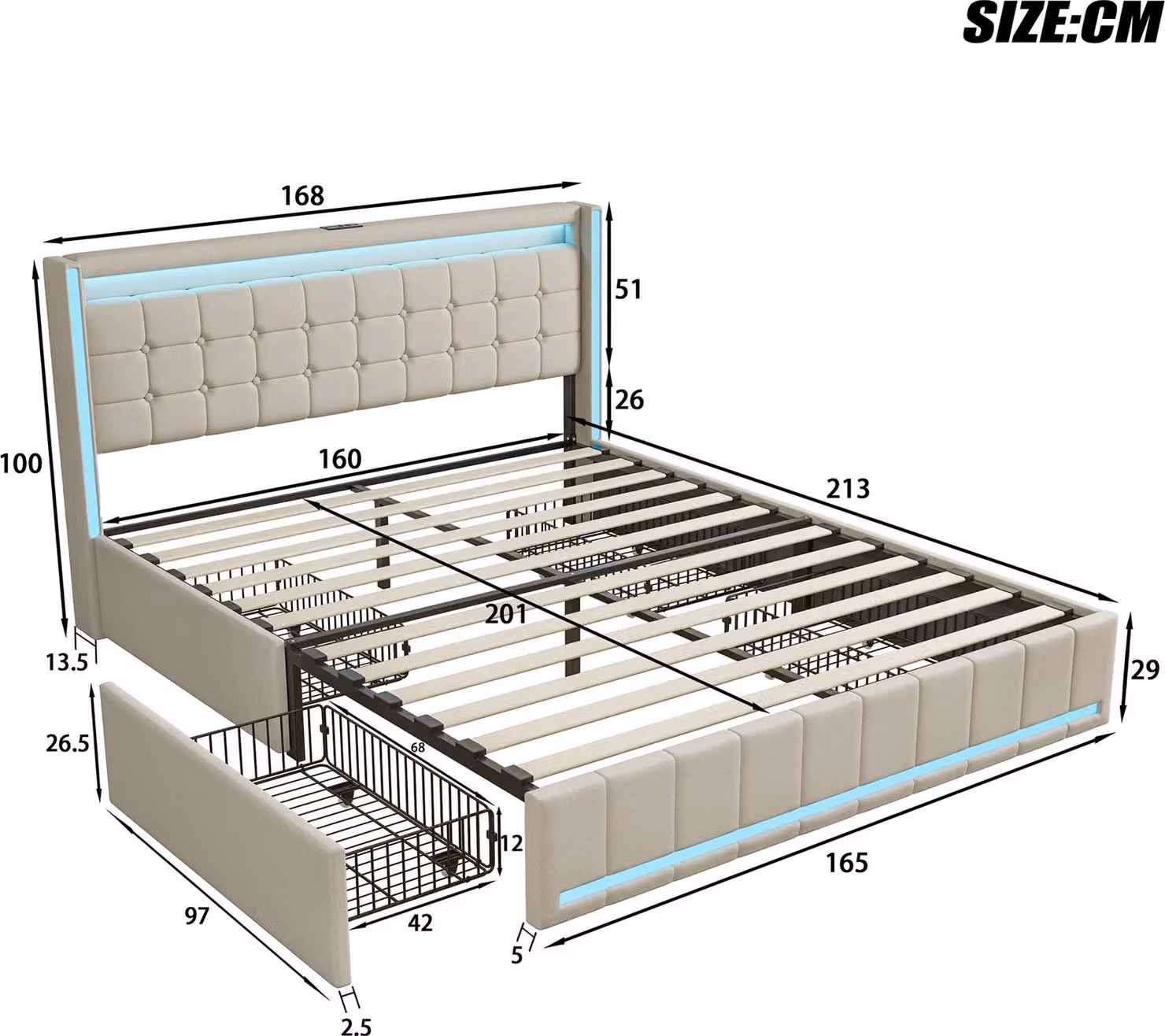 Letto imbottito 160x200, testiera a LED con vano portaoggetti e presa USB, base letto con rete a doghe, letto per bambini e ragazzi, letto piatto, lino, beige