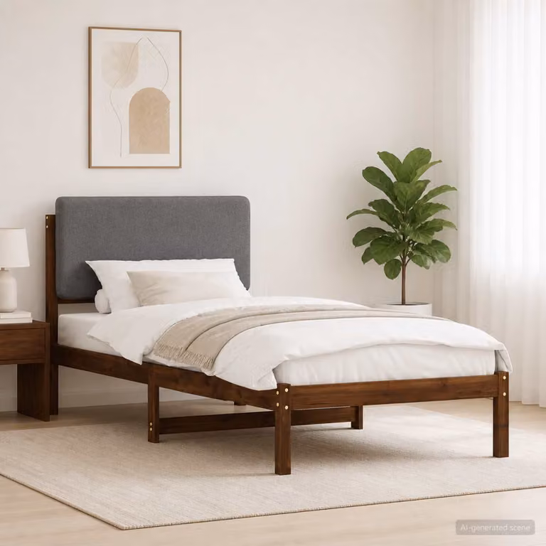 Letto con Testiera Rivestita vidaXL in Legno di Acacia e Tessuto, Marrone Scuro e Grigio Chiaro, L/P/H: 140 x 80 x 200 cm