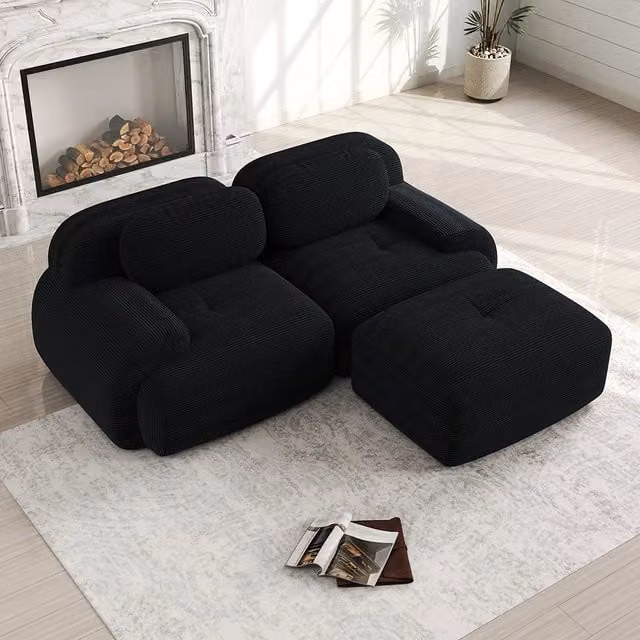 Divano angolare 82" in velluto - Xylo - Modulare, senza montaggio, imbottitura elastica, nero