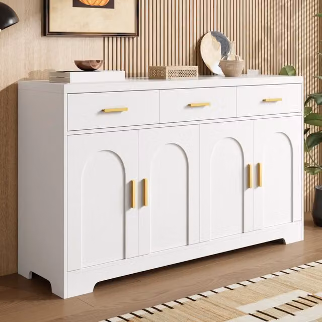 Credenza 140.0x40.0x83.0 cm con 4 ante ad arco; 3 cassetti e ripiani regolabili in MDF bianco