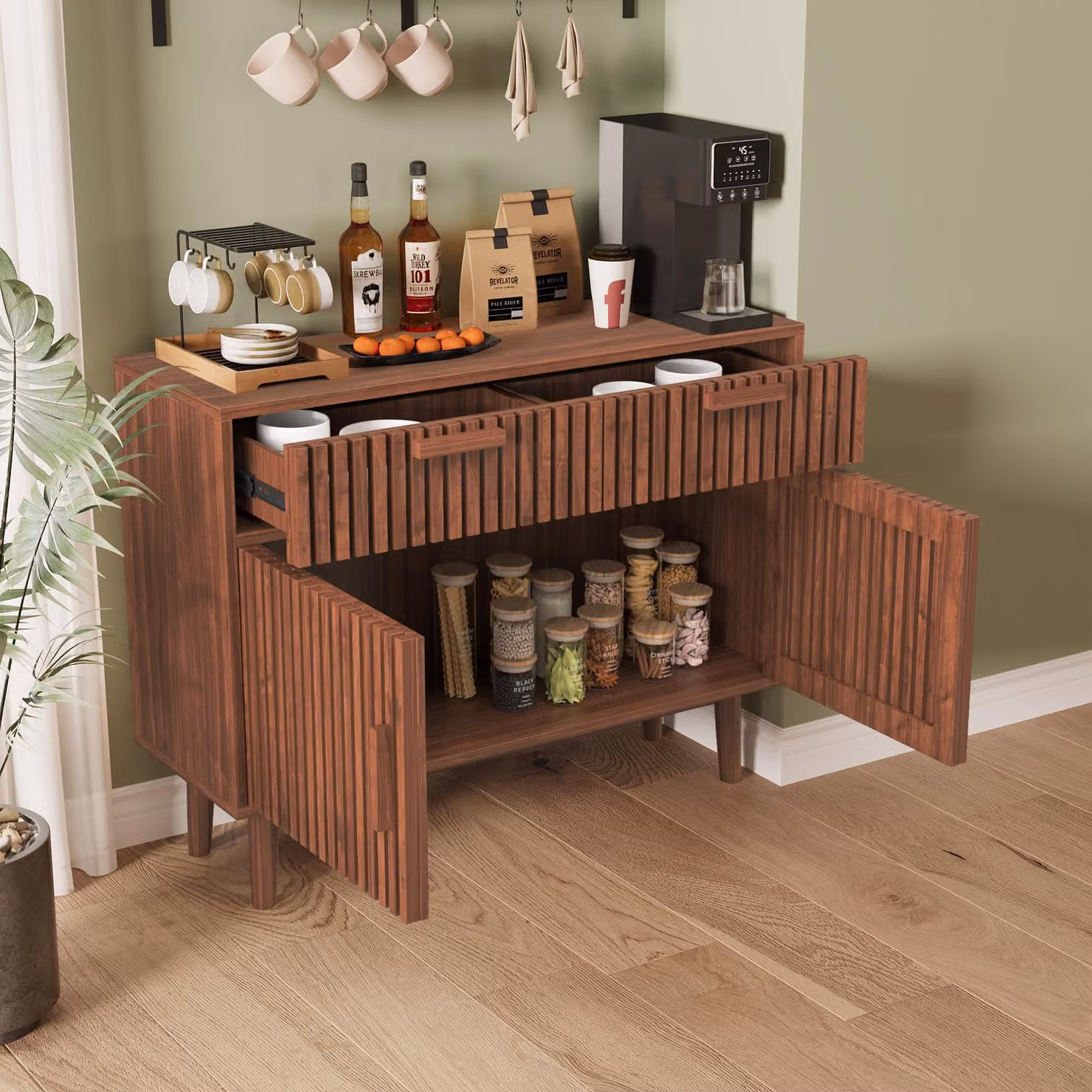 UnboxG credenza in legno massiccio 100x35x80 cm, marrone, 2 cassetti e 2 ante, credenza per sala da pranzo e cucina